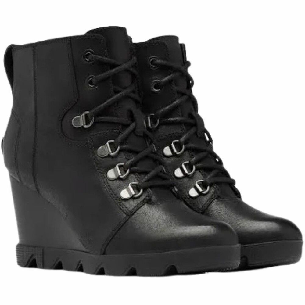 SOREL Womenβs Joan Uptown Lace Black Leather Booties Wedge Heel Boots 9.5